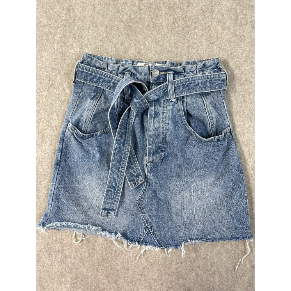 Free People We The Free Sz 25‎ East of Eden Belted Denim Frayed Mini Skirt